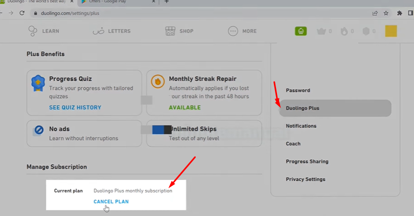 Cancel duolingo plus free trail page