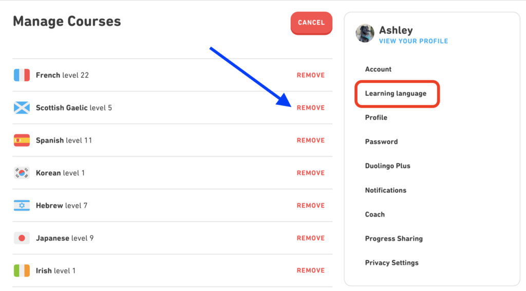 Ways to Remove a Duolingo Course : Remove the Duolingo Course on the Web