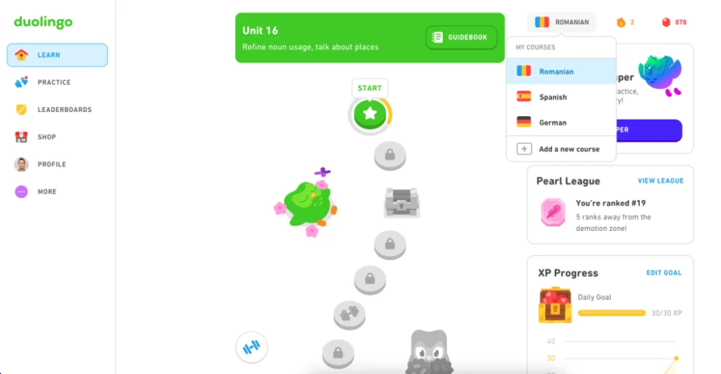 select language to learn at duolingo