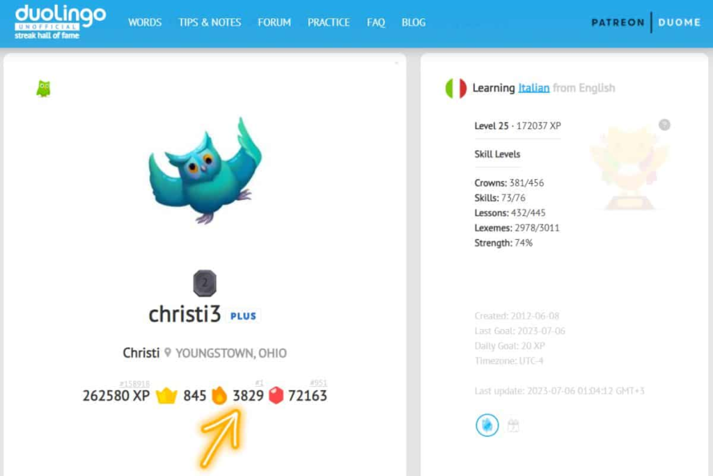 highest record of duolingo streak